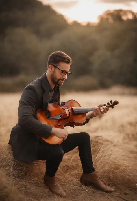 Garoto tocando violino, estilo disney, tom de pele: marrom claro:  Cabelo: marrom escuro, encaracolado, curto, Hairstyle back. camisa: social, Cor azul. Fundo: Gray and white gradient,Comemorando, Hands raised, sorrindo, feliz, (estilo pixar) (obra-prima:1...