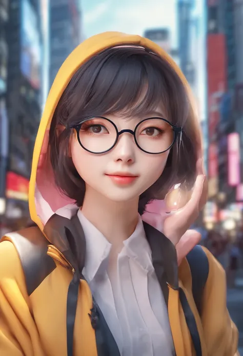 selfie realistca de colegial japonesa de cabelo curto na cor preta, He wears round-framed glasses and has the background of the neighborhood and Shibuya