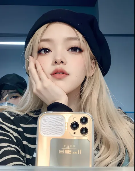 A close-up of a person holding a cell phone near a mirror, Parque Roseanne de Blackpink, Jossi de Blackpink, Retrato de Jossi de Blackpink, Lalisa Manoban de Blackpink, Lalisa Manobal, Su cabello es blanco, Jisoo de Blackpink, Jisoo de Blackpink, Blackpink...