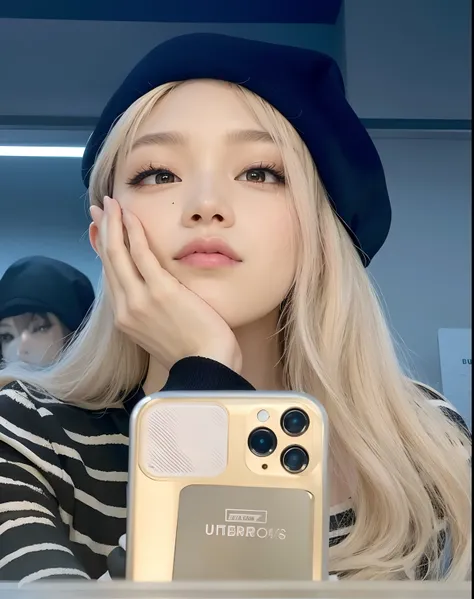 A close-up of a person holding a cell phone near a mirror, Parque Roseanne de Blackpink, Jossi de Blackpink, Retrato de Jossi de Blackpink, Lalisa Manoban de Blackpink, Lalisa Manobal, Su cabello es blanco, Jisoo de Blackpink, Jisoo de Blackpink, Blackpink...