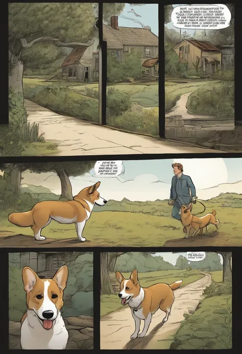 American comics, the comic story is presented in multiple irregular panels with color. The American Corgi dog goes through hardships while running away from home and then reunites with its owner. The style is exaggerated and detailed