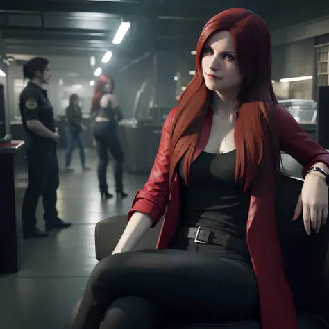 Claire Redfield, beautiful face, shy, looking at viewer, very long red hair, perfect Face, black jeans, red long coat with black t-shirt, red nail polish, friendly face, little smIle