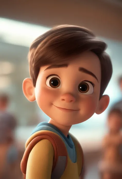 a happy cute kid standing short hair, vestindo uma fantasia espacial, , fundo branco, barnet, Tom, Estilo Pixar, ....3d, desenhos animados, rosto detalhado, asymmetrical 16k homem de 28 anos, cabelo escuro, olhos castanhos claros, em uma avenida movimentad...