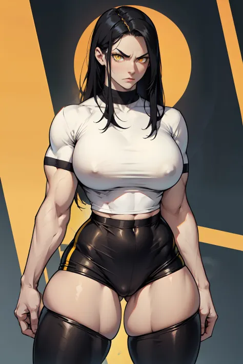 pale skin very long hair 1 girl black hair yellow eyes angry ((1 girl muscular toned body)) bodybuilder curvy wide hips thick thighs tight shirt huge tits