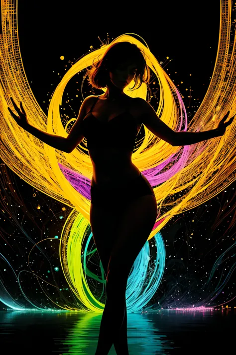 high quality, 8K Ultra HD, Imagine a vibrant canvas illuminated by a cascade of colorful binary code, forming the silhouette of a captivating woman, The dynamic lines and patterns, reminiscent of a digital dance, weave together to create a harmonious fusio...