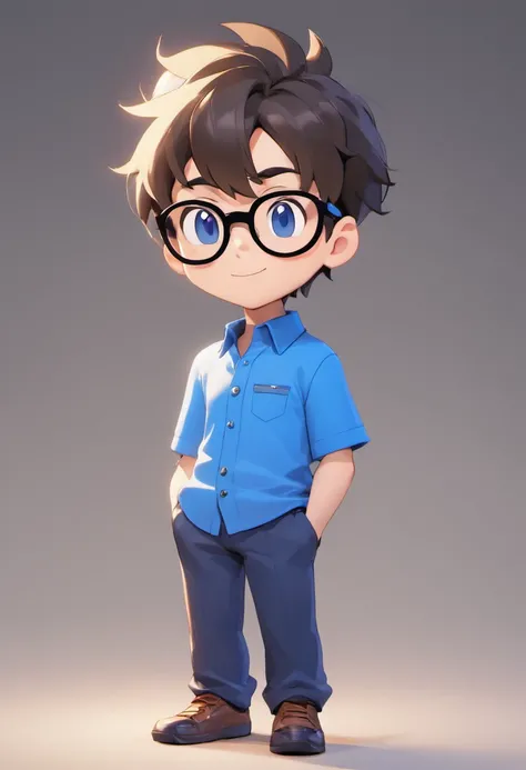 Cartoon character of a man wearing black glasses and a blue shirt, um personagem animado, Caractere estilizado, animation style rendering, 3D estilizado, Arnold Maya render, 3 d render stylized, toon render keyshot, Personagem 3D, Personagem 3D, 3d renderi...