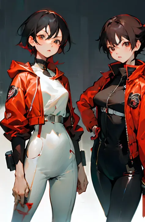 anime characters in red and black costumes are standing next to each other, modern anime style, akira style, in the style of aki...