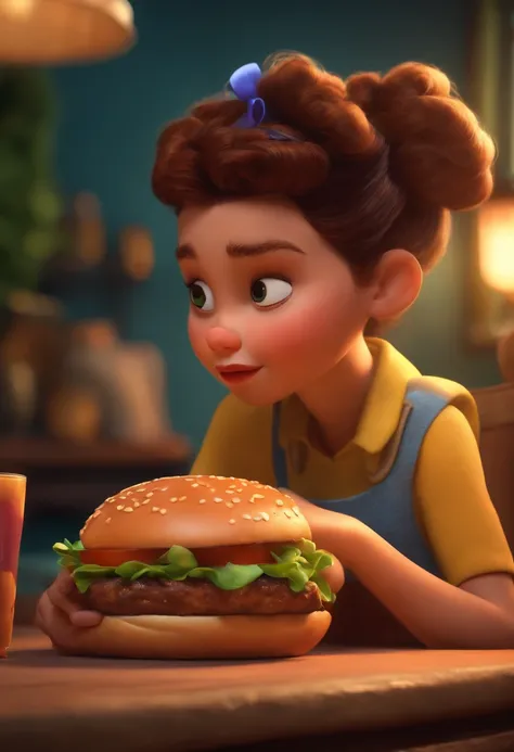 Make a Girl, Shes hungry, como Disney Cartoon, Shes eating hamburger, Pixar, um homem atras, homem olhando para ela ....3d, Disney