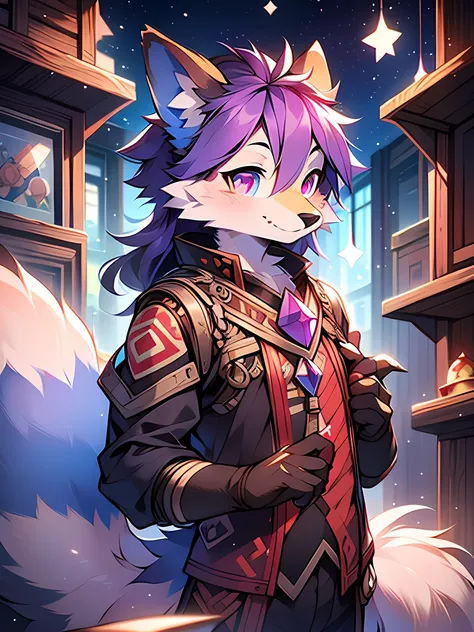 Rystal, Star Fox, Male,Dark purple hair， (A detailed), fluffly, Solo, Meticulous and realistic, A detailed eye, ( Amethyst pupils), ((Blood-colored eyes)), Excellent quality, high detal, Detailed fur, ((The tail is in the right place) ，nakeness ，