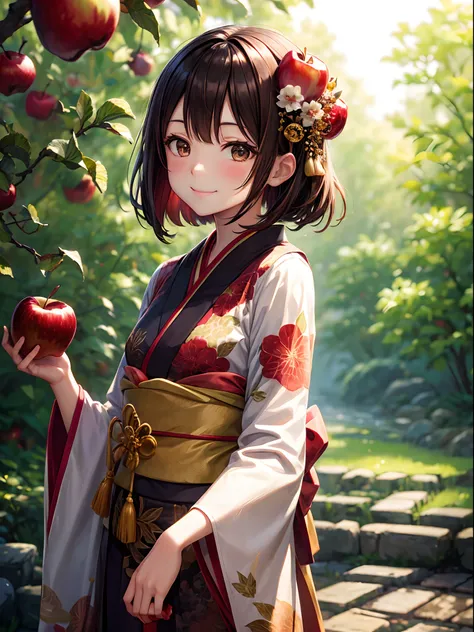 ((masutepiece,Best Quality)),1girl in, Bangs, eyes are brown, Blurry background, branch, Brown hair, Dappled sunlight, flower, From Side, Hair Flower, Hair Ornament, Komono, Black kimono, fronds, (apple:1.５), Obi, Outdoors, sash, Solo, Sunlight, Upper body...