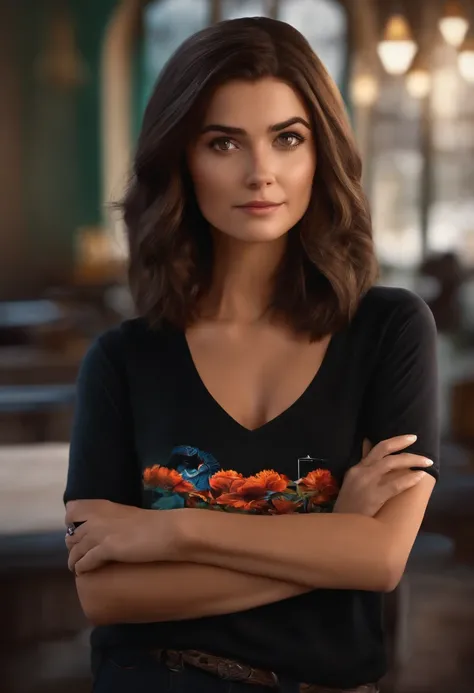 filme Marketing 2023 estilo filmes Pixar, Com nome "N - Marketing", poster, With short, lighter brunette hair and a black t-shirt in front of her crossed arms.