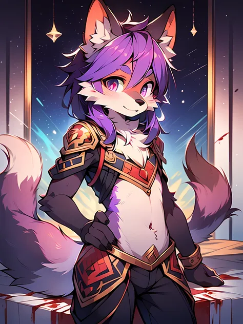 Rystal, Star Fox, Male,Dark purple hair， (A detailed), fluffly, Solo, Meticulous and realistic, A detailed eye, ( Amethyst pupils), ((Blood-colored eyes)), Excellent quality, high detal, Detailed fur, ((The tail is in the right place) ，On amethyst