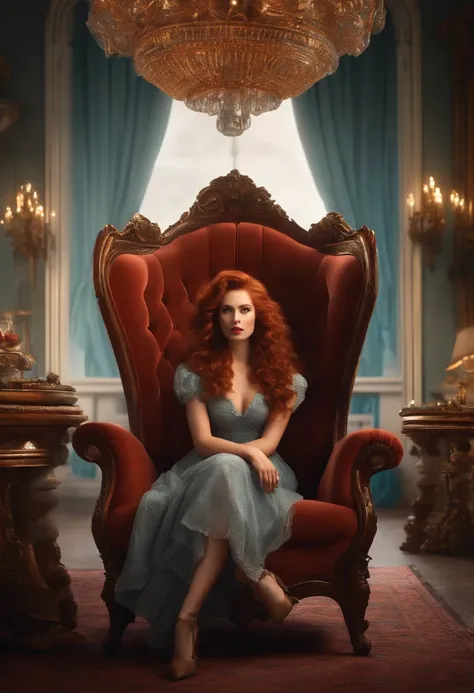 uma imagem ultra realista estilo pixar disney de uma mulher ruiva com cabelos levemente ondulado e olhos azuis, with a Victorian Gothic style sitting in a beautiful Louis XV style armchair in a futuristic setting