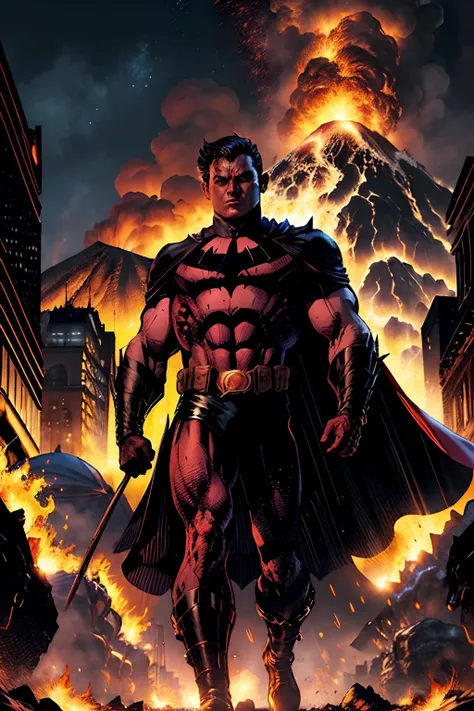 The streets of Gotham are ablaze with volcano lavas rising from the ground, raios brancos e azuis cruzam os ceus de Gotham e o Senhor da Trevas surge para aplaudir o apocalipse final.