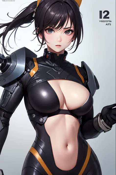 ​masterpiece、Top image quality、Black hair、Black bra、Colossal tits、mechs、animesque、8K,​masterpiece, bset quality,Colossal tits、（1girl in）、((Pit Girl Suit))、shinny skin、Shiny big、dark-brown eyes、 ((top-quality))、 Crisp focus:1.2、Highly detailed facial and sk...