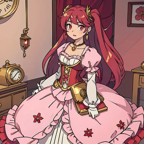 Pretty 15 years old princess, drawn in anime style, long red twin tails hair, pink eyes, small breast, lipstick, steampunk, Floral red and white gown with puffy sleeves, corset, ribbons, white elbow gloves, ruby earrings and necklace, gold tiara, high heel...