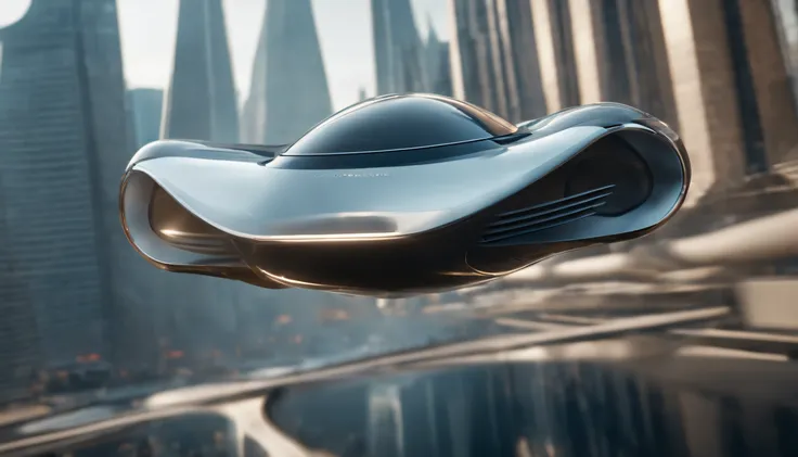 Carro futurista, designer oval, cabine transparente mostrando piloto, flying at altitude over a city with gleaming buildings on a planet illuminated by the midday sun, arte intrincada, detalhes precisos, fiction art, revista premiada, cinematic quality, 8K