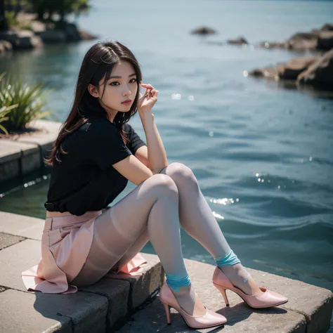 (Full body:1.5)，(1girl in:1.3),(view the viewer:1.4)，(anatomy correct:1.3),(Sitting in the sea:1.2),(Pink and blue elastic skirt :1.2),((pantyhose):1.3),( The girl pointed out thick heels :1.1)，(Accurate and perfect face:1.3),hyper HD, Ray traching, reflec...