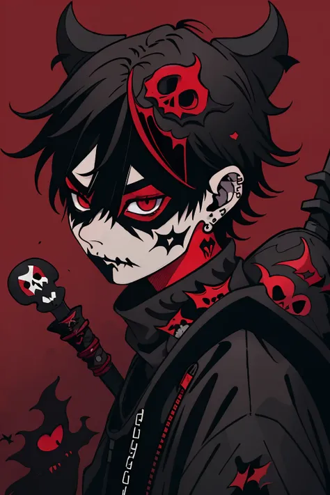 araffe dressed in a black and red outfit holding a skull, an album cover inspired by Taro Yamamoto, tumblr, vanitas, bladee from drain gang, with black metal face paint, felix englund style, creepy themed, face and skin is dark red, villain, kabuki makeup,...