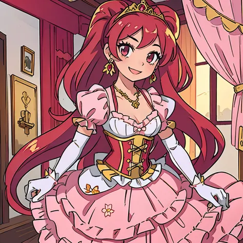 Pretty 15 years old princess, drawn in anime style, long red pigtails hair, pink eyes, small breast, lipstick, steampunk, Floral red and white gown with puffy sleeves, corset, ribbons, white elbow gloves, ruby earrings and necklace, gold tiara, high heels,...