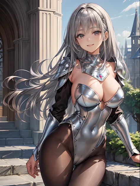 top-quality、Full limbs、complete fingers、((one beautiful women))、Beautiful Large Breasts、Medium Hair、straight haired、Silvery hair、((Women in black long sleeve high neck leotard))、((Brown pantyhose:1.2))、A big smile、Woman knight、((Silver Shoulder Rest、Silver...