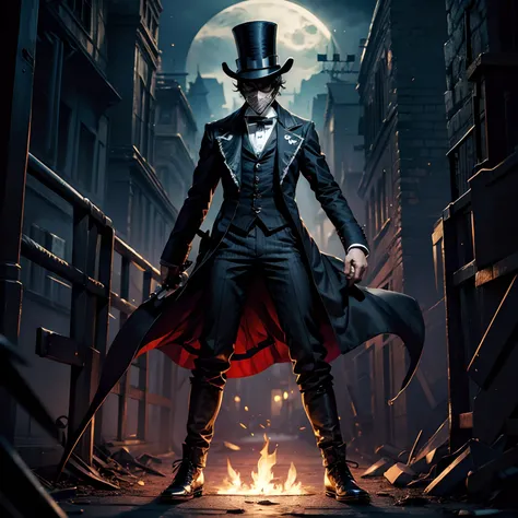 Jack The Ripper, full body, wearing creepy mask, holding dagger, wearing top hat --auto