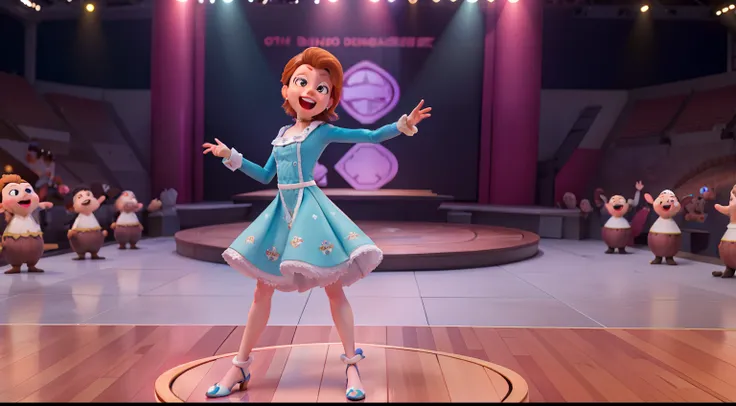 "(best quality,ultra-detalhado,Realistic:1.37),3D rendering,illustration,design de personagens,cabelos longos e pretos,belos olhos detalhados,Estilo Pixar, branca mulher, vestido branco, Dancing on the Disney stage,atmosfera animada,vivid colors,luzes de p...