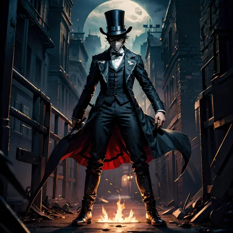 Jack The Ripper, full body, wearing creepy mask, holding dagger, wearing top hat