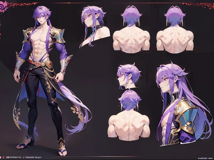 ((Masterpiece, Highest quality)), Male, boy, Detailed face, character design sheet， full bodyesbian, Full of details, frontal body view, back body view, Highly detailed, Depth, Many parts, Muscle boy with long purple hair with long bangs，handsome man, musc...