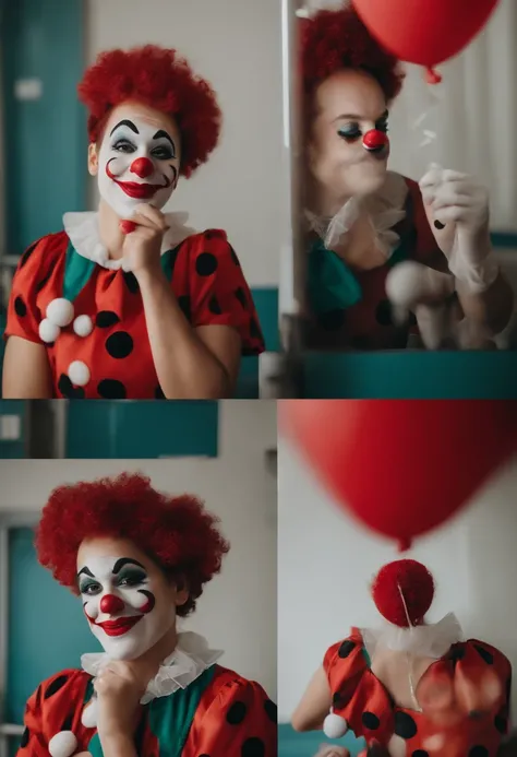 mulher baseada na foto, Smiling man with clown nose in a hospital, wearing clown makeup, vestido xadrez vermelho e preto, boca vermelha e sem maquiagem nos olhos estilo pixar