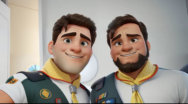 Dois homens em um fundo branco com uniforme dos desbravadores no estilo disney pixar, alta qualidade, melhor qualidade