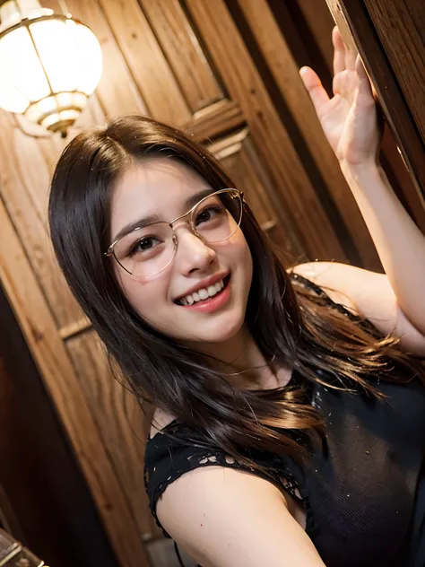 Smiling woman with glasses and a black top standing in front of a wooden door, Directed by: Nandor Soldier, fernanda suarez, Valentina Embaralhamento, Lorena Avarez, by Amelia Peláez, Caroline Gariba, Foto realista, Marischa Becker, Malika Favre, Alanis Gu...