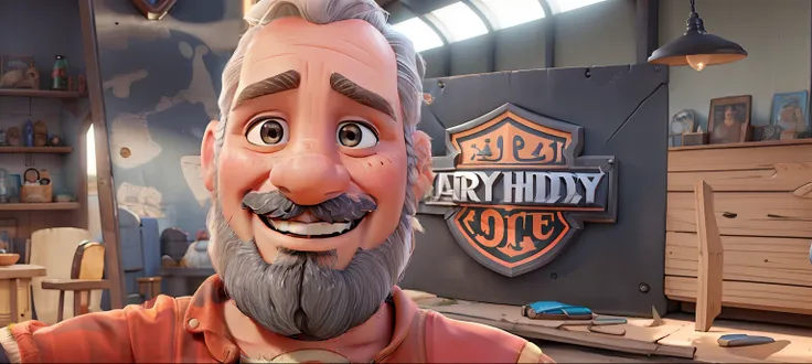 Little gray-haired bearded man of Arab without glasses taking a selfie in front of a Harley Davidson sign Disney pixar style, alta qualidade, melhor qualidade