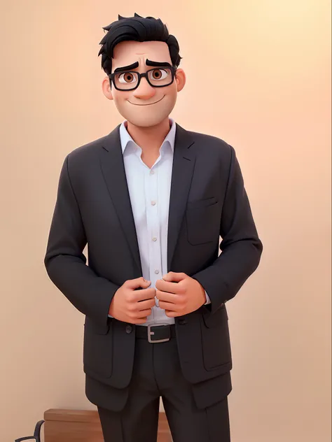 Um homem estilo disney pixar, Black hair and black square glasses in high quality