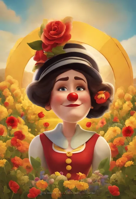 A Disney Pixar-inspired movie poster titled Generosa. A middle-aged woman, wearing clown makeup, red nose, red mouth, no eye makeup, red hat with a yellow flower. White skin, straight brown hair above the shoulders, parted in the middle and a red and black...