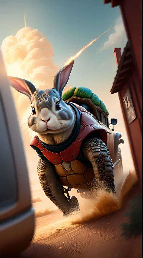 childrens storybook　Rabbit and tortoise　Hollywood action movie style poster　Full of speed　Runaway