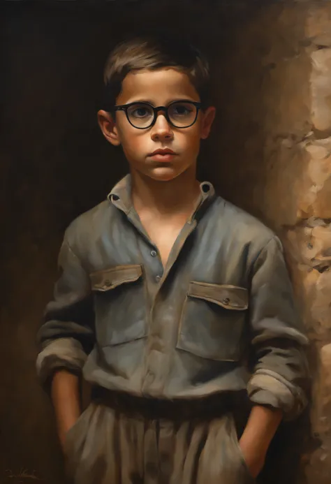 an oil painting capturing a 10-year-old boy in a jumpsuit and glasses, reminiscent of Diego Velázquezs masterful realism. The boy stands against a textured, rustic background, his expression thoughtful and introspective. Warm, earthy tones dominate the pal...