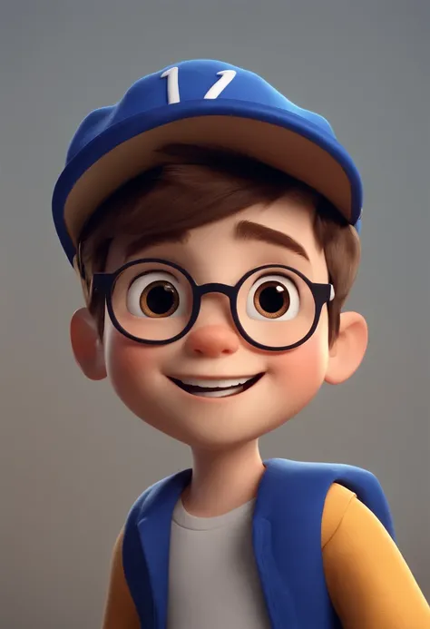 A happy cute boy standing short hair with dark blue cap , vestindo uma camisa azul , , fundo branco, barnet, Tom, Estilo Pixar, ......3d, desenhos animados, rosto detalhado, asymmetrical 16k