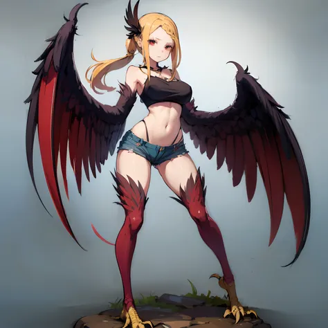 beautiful, masterpiece, best quality, extremely detailed face, perfect lighting, harpy, hmpris, long hair, braided bangs, low ponytail, 1girl, short shorts, crop top, large breasts, full body shot, red eyes