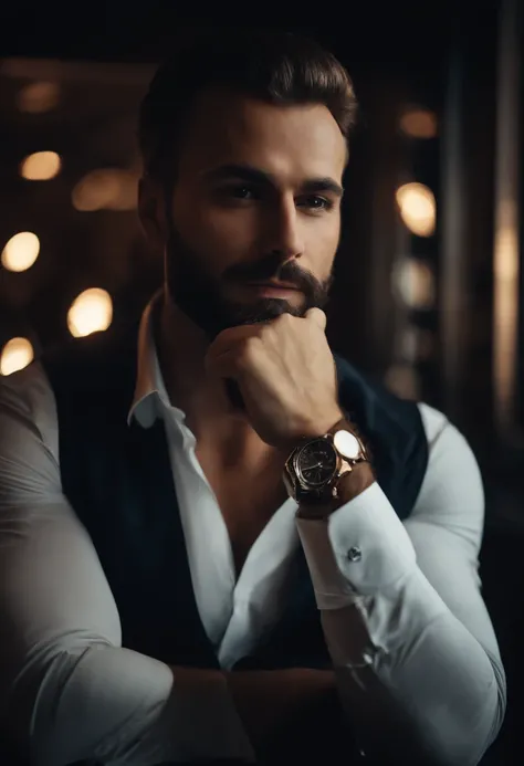 Portrait of a handsome man, office suite, posing in club. wearing expensive watch, no beard