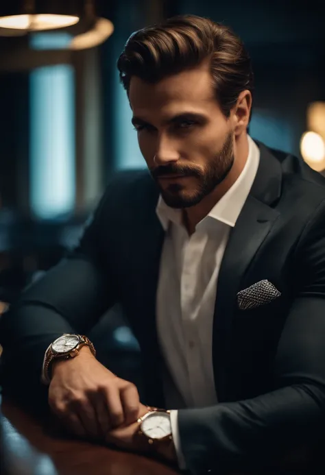 Portrait of a handsome man, office suite, posing in club. wearing expensive watch, no beard