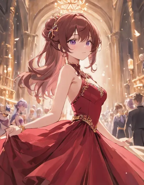 A beautiful girl with purple dull eyes and brown long hair wearing a red, luxurious ball gown.