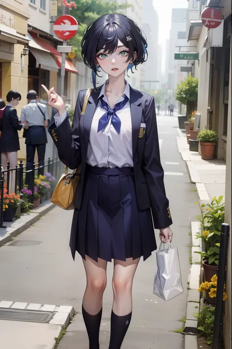 Best Quality,very high resolution,1girl,独奏,Full body,snow,Town,, blue hair,green eyes,JK,school uniforms,