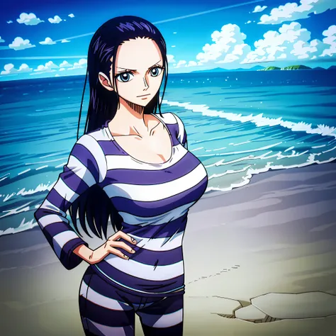 1girl, (shapely body), (solo), 30 years old,  hdr, beach, nico robin, priclothes, striped clothes, prisoner, clothes, clothing, ...