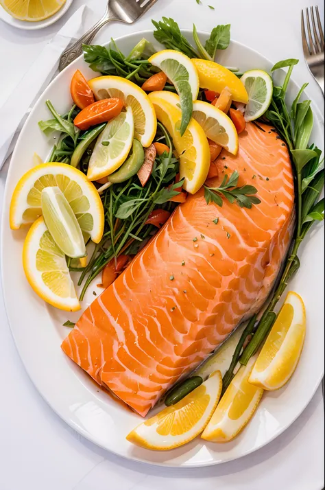 a delicious plate of fish, salmon, eye angle view