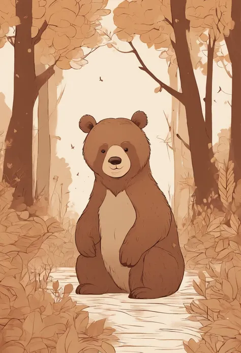 Hand drawn illustration， in style of ghibli， hiyao miyazaki， Full body like， a warm color palette， Moe style， critters， illustratio， Brown Papa Bear，are standing，guilty，Jumpy，Bend down and apologize to the baby brown bear。