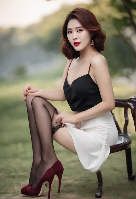 beautiful Korean women,short detailed hair,high-heels,27yo,whip, whip,Sheer black underwear,white skinned,black garter stockings,Sheer maroon maxi skirt,Overweight,thighs thighs thighs thighs,White pedicure