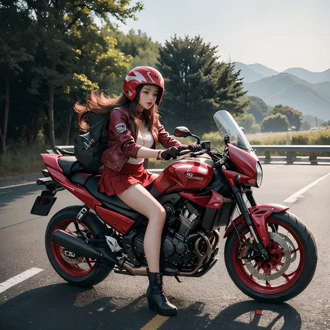 hight resolution、high-level image quality、in 8K、Real live-action、Raw photography、top-quality、​masterpiece、masutepiece、(Soft Saturation:1)、(depth of fields:1.2)、(Ray traching:1.2)、landscapes、heavy wind、Big red motorcycle speeding down the highway、Young woma...