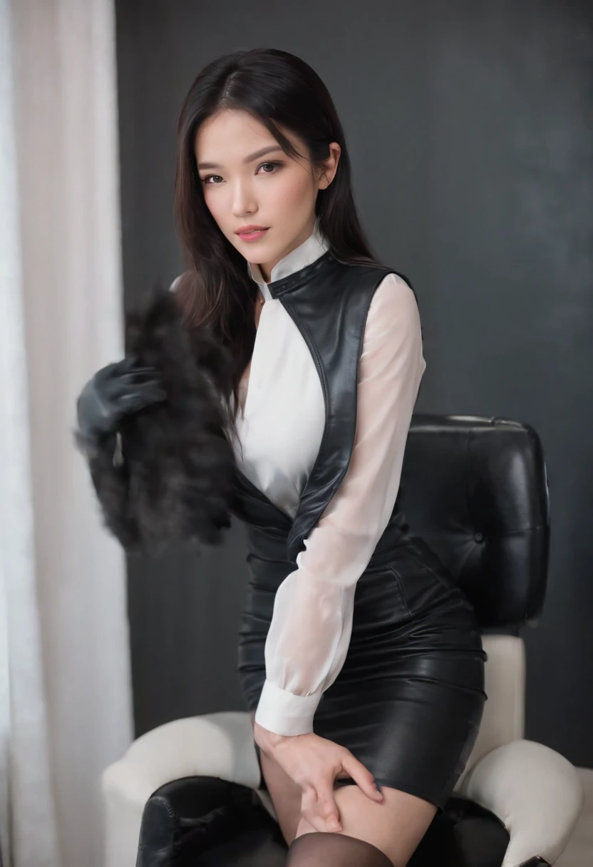 Black leather gloves, Black leather tight skirt, White blouse, Black leather boots, Japanese girl with straight black hair, Sit in a leather chair，Align your legs, Her hands were on her knees.Perfect body beauty，Perfect body beauty