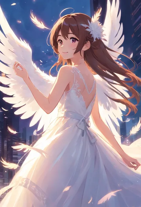 Full body white wedding dress ，The girl smiled sideways，Angel flickering in the background，The feathers slowly fell. Long Brown hair, dull purple eyes.